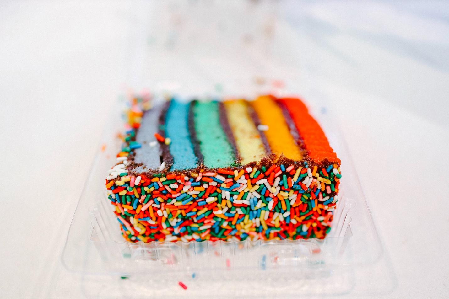 A piece of rainbow cake