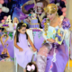 Little girls sitting with an artist dressed as Rapunzel and telling stories at BirthdayLand