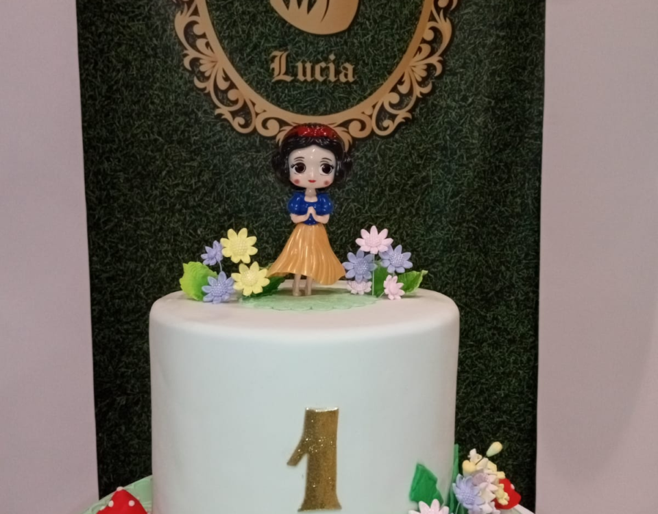 a Snow White-themed first birthday party cake