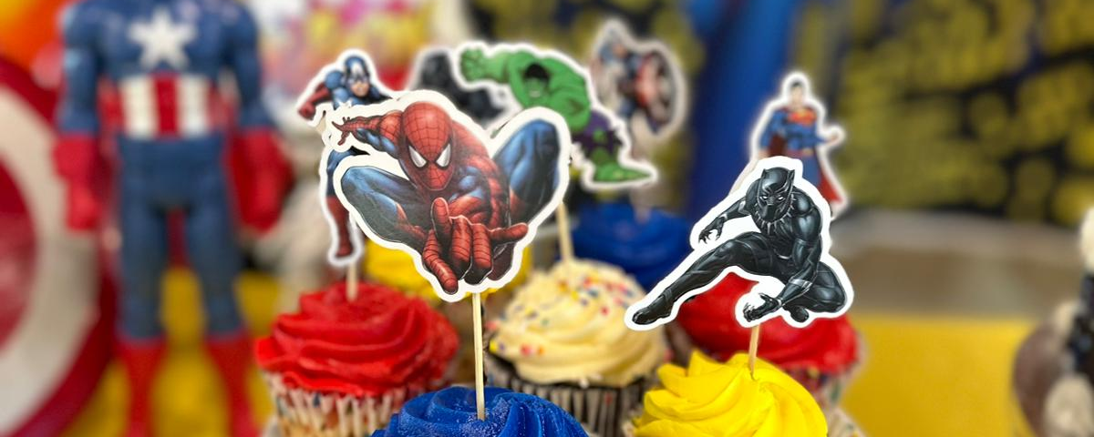 an MCU birthday party theme with cupcakes