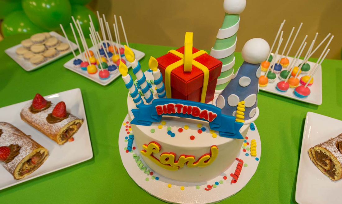 Cake and birthday food on a table
