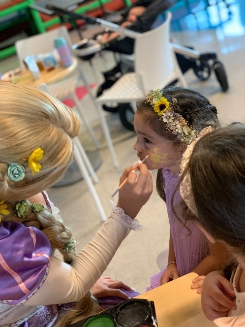 an adult face painting on a child
